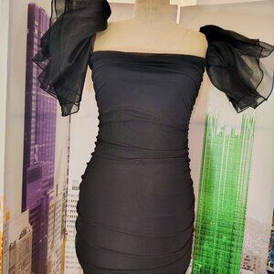 Elegant Black Widow Cocktail Dress with Short Ruffle Sleeves